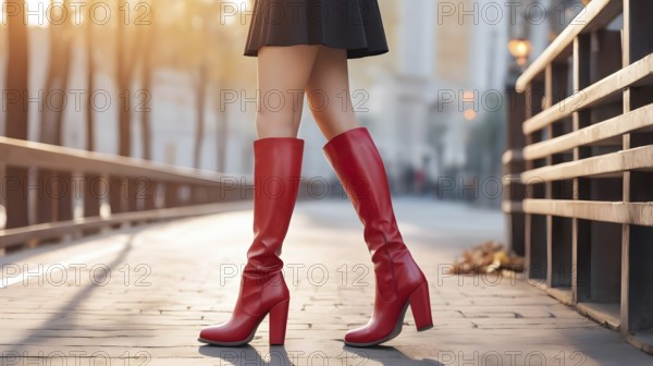 Woman in red knee-high boots and skirt walking on a scenic urban street at sunset, AI generated