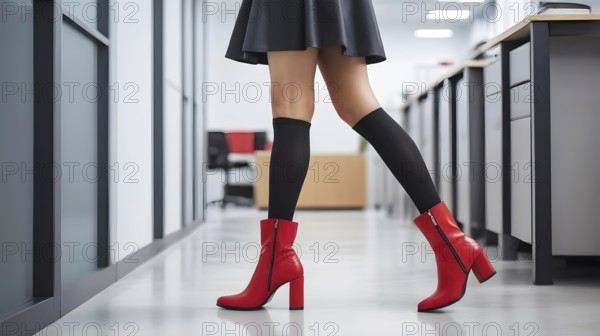 Woman in red boots and black skirt walking in a stylish modern office setting, AI generated