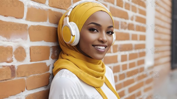 Woman in a yellow hijab and headphones standing relaxed by a brick wall, AI generated