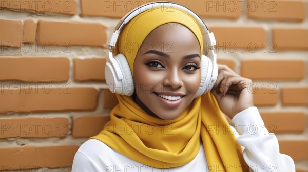 Smiling woman in a yellow hijab and headphones leaning against a brick wall, AI generated