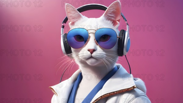 Stylish cat with headphones and sunglasses in a white jacket against a pink background, AI generated