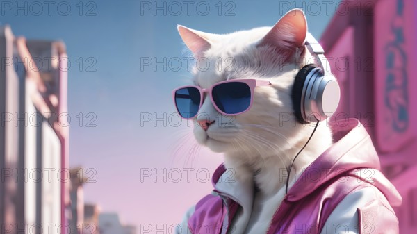Cat wearing headphones and sunglasses with an urban backdrop in pink and blue, AI generated