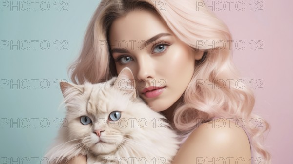 Woman with pastel hair holding a fluffy white cat against a pastel two-tone backdrop, AI generated