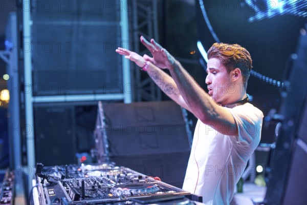 EDITORIAL and NEWS ONLY, DJ Ravitez (Chico de Reus) at Starbeach events festival Hersonissos, Crete, Greece, on 17. July 2017, performing shortly before Hardwell and Afrojack