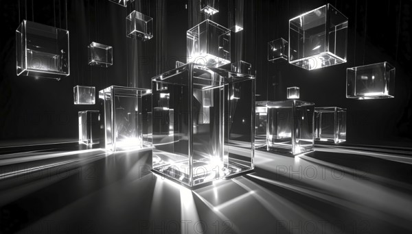 Abstract animation, glass cubes on black background, modern business wallpaper illustration, AI generated