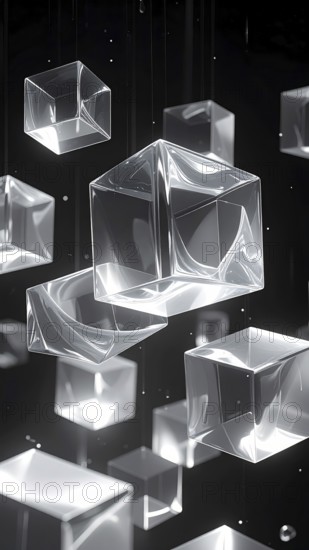 Abstract animation, glass cubes on black background, modern business wallpaper illustration, AI generated