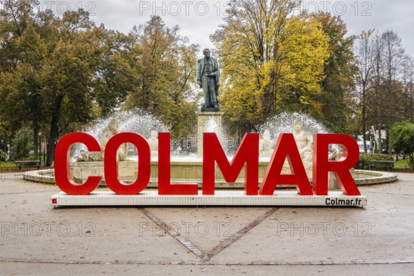 Red lettering in the square Rapp of the city of Colmar, Alsace, France