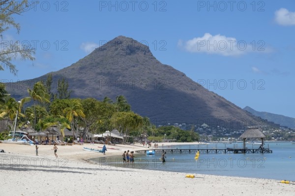 Beach, palm trees, sea, sky, clouds, Flic-en-Flac, Mauritius