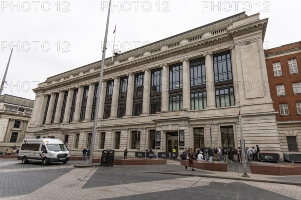 London, United Kingdom - 15 May 2025: Wide view of the grand exterior and columned facade of the historic London Science Museum