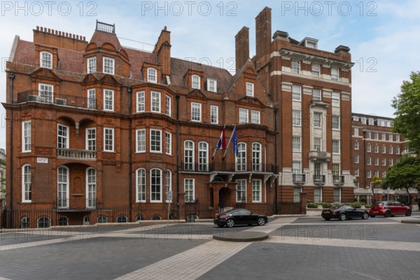 London, United Kingdom - 15 May 2025: Ornate red brick diplomatic building of the Jamaican High Commission in central London