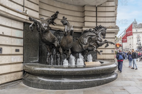 London, United Kingdom - 15 May 2025: Bronze sculpture of The Four horses of Helios fountain in Piccadilly Circus
