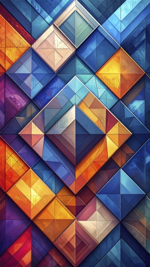 Abstract modern template, geometric effect stylized as mosaic tile, vibrant colorful business wallpaper illustration, pattern and textured geometric forms, wall art poster design, AI generated