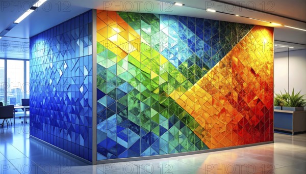 Abstract modern template, geometric effect stylized as mosaic tile, vibrant colorful business wallpaper illustration, pattern and textured geometric forms, wall art poster design, AI generated