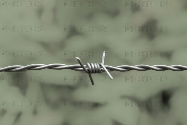 Borken, NRW, Germany, Barbed wire showing danger and restriction on a blurred green background