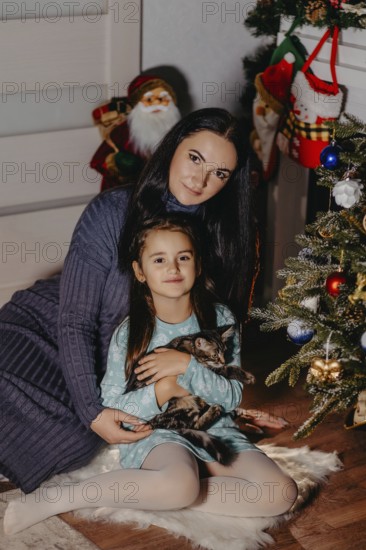 Mother and daughter happily posing with a tabby kitten during christmas holidays.Belarus