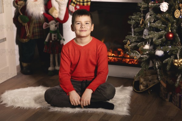 Young boy smiling, sitting on a rug by a decorated christmas tree and burning fireplace.Belarus