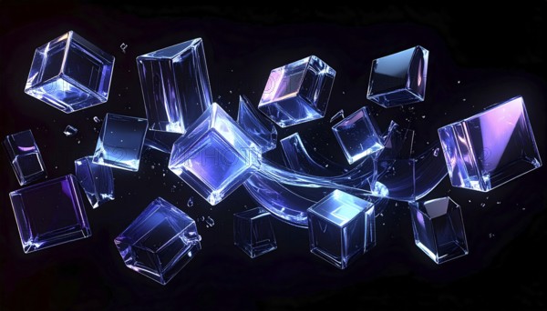 Abstract animation, glass cubes on black background, modern business wallpaper illustration, AI generated