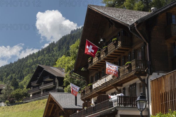 Chalets with a Swiss flag are pictured in Champery, a village in the mountains by the French border in Switzerland