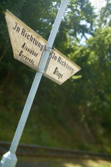Sign post between Alexisbad and Gernrode and Stiege at Harzer Schmalspurbahn in Harz, Saxony-Anhalt, Germany