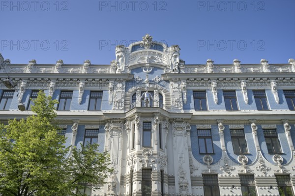 Detail, façade, Art Nouveau residential building, Art Nouveau quarter, Elisabethstraße 10 b, Elizabetes Iela, Old Town, Riga, Latvia