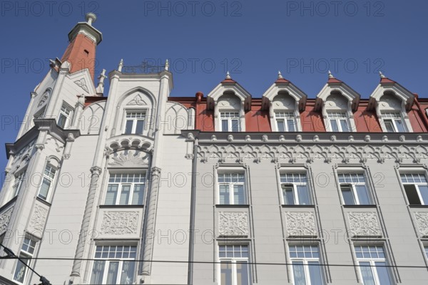 Detail, façade, art nouveau residential building, art nouveau quarter, Terbatas iela 33, old town, Riga, Latvia