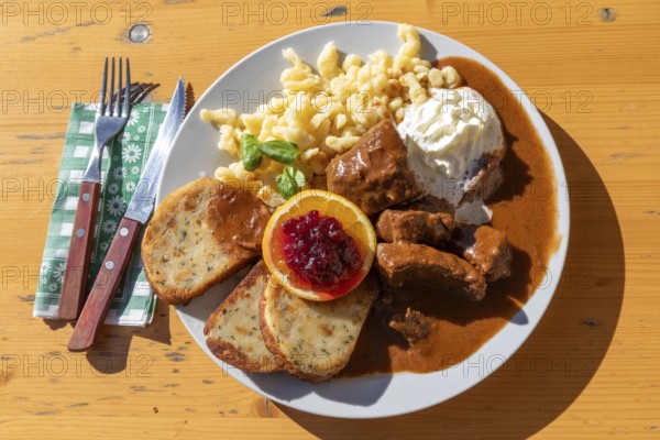 Deer goulash with spaetzle and napkin dumplings, Styria, Austria