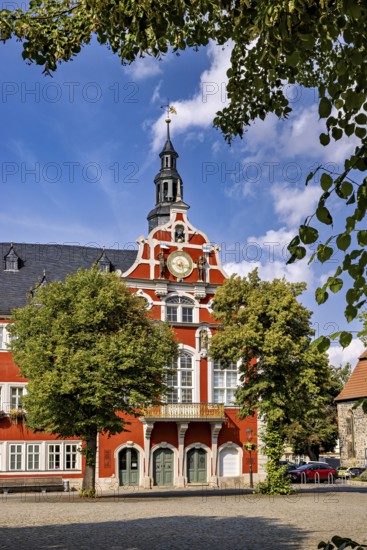 Historic building with red façade in baroque style, surrounded by trees under a blue sky, The old town of Arnstadt in Thuringia