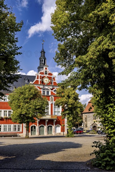 Historic building with tower and red accents, surrounded by trees, The old town of Arnstadt in Thuringia
