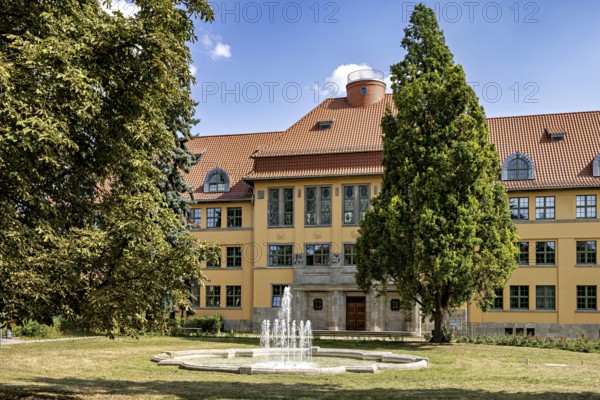 Yellow historic building with fountain and trees in the foreground, The old town of Arnstadt in Thuringia