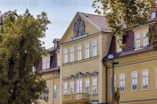 Historic baroque building with yellow façade, decorated gable, surrounded by trees, the façade of the Arnstadt Theatre in Thuringia
