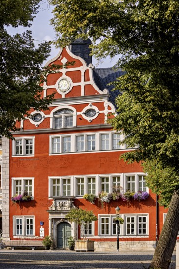 Magnificent building with remarkable façade, surrounded by trees, in bright weather, The old town of Arnstadt in Thuringia