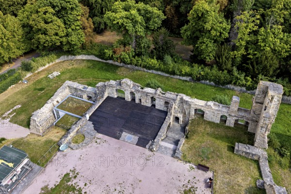 Aerial view of ruins surrounded by thick forests, The Niedeck Ruins in Arnstadt Thuringia