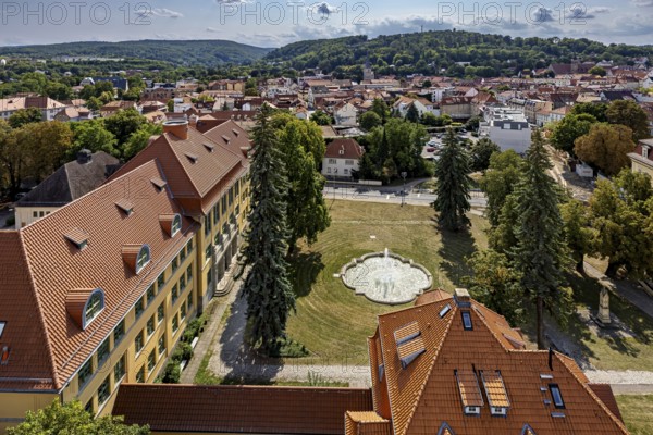 Aerial view of a city with historic buildings and green surroundings, The old town of Arnstadt in Thuringia