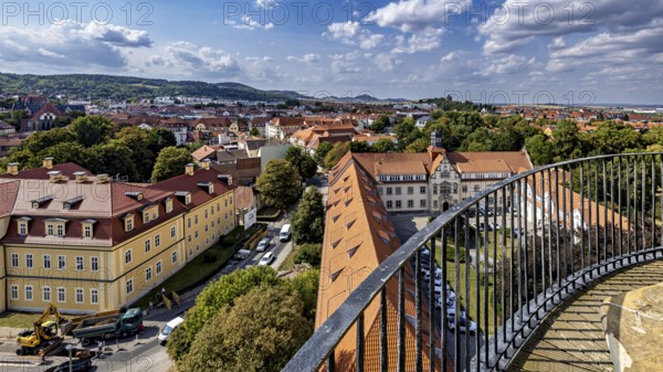 Panoramic view of a city with yellow houses and cloudy sky, The old town of Arnstadt in Thuringia