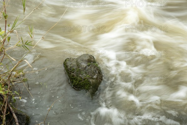 Borken-Hoxfeld, NRW, Germany, The river flows smoothly over a moss-covered rock, creating ripples in the water. The surrounding area is tranquil, showcasing nature's beauty during daylight