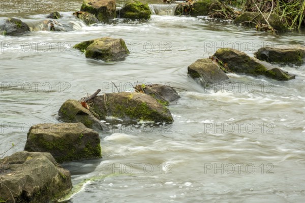 Borken-Hoxfeld, NRW, Germany, Rocks are partially submerged in flowing water, forming a natural pathway near a small waterfall. The scene is peaceful, enhanced by the sound of water cascading down