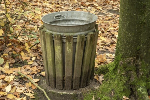 Borken-Hoxfeld, NRW, Germany, A round metal trash bin sits amid colorful fallen leaves in a quiet forest. Surrounding trees frame the bin, creating a peaceful natural scene in fall
