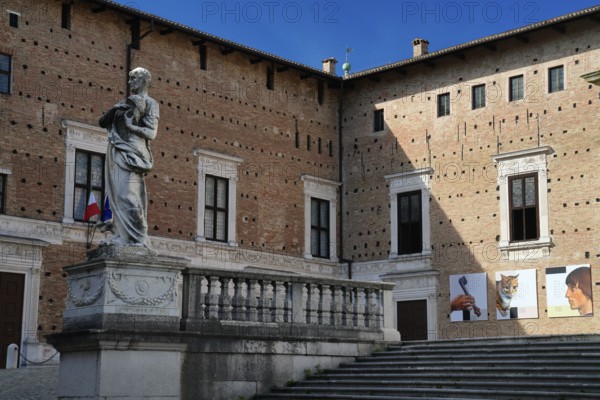 Statue of Saint Crescentino in front of the Cathedral and Galleria Nazionale delle Marche, National Gallery of Marche, Urbino, Pesaro and Urbino Province, Marche, Italy