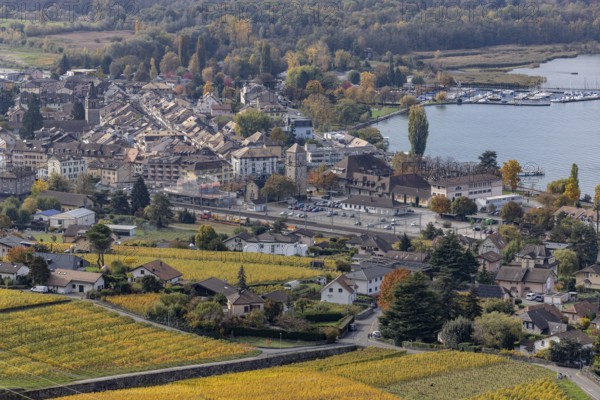 View of Villeneuve and lakeside, Lac Léman, Vaud, Switzerland