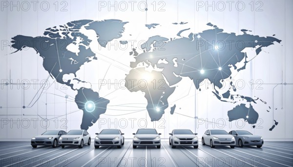 Abstract visualization of global rare earth supply network feeding EV industry, world map design, tech aesthetic, clean lines, rare earth for electric vehicles, AI generetaed, AI generated