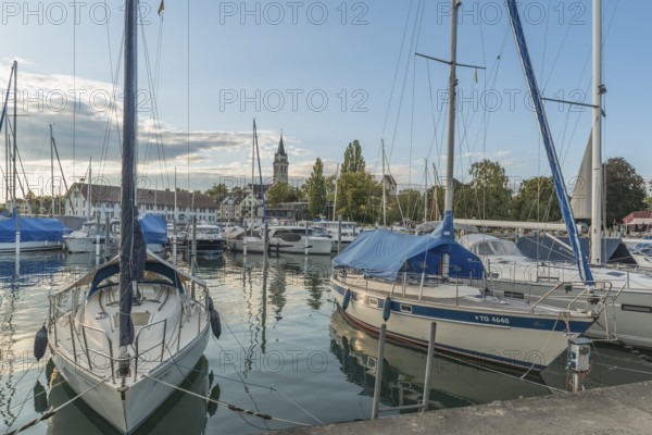 Port and Catholic Church of St. Johannes, Romanshorn, Lake Constance, Canton of Thurgau, Switzerland