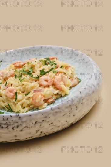 A delicious dish of risoni pasta is topped with tender shrimps and sprinkled with fresh herbs. This comforting meal is perfect for lunch or dinner, served in a charming rustic bowl