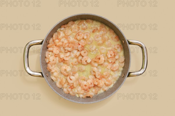 A skillet is filled with juicy, cooked shrimp in a creamy garlic sauce, ready to be tossed with pasta. This dish offers rich flavors perfect for a comforting dinner at home