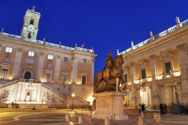 Photo of the Blue Hour night view of Campidoglio on Capitoline Hill Capitol with equestrian statue of Emperor Marcus Aurelius, Senatorial Palace in the background, Rome, Lazio, Italy