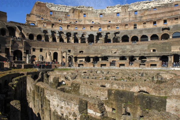 View of exposed hypogeum hypogeum substructure of historic arena Colosseum in ancient center of Rome, Parco Archeologico del Colosseo, Archaeological Park at the Colosseum, Rome, Lazio, Italy