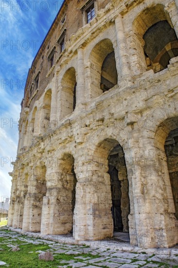 Part of the preserved façade of the historic ancient Marcellus Theatre, Rome, Lazio, Italy