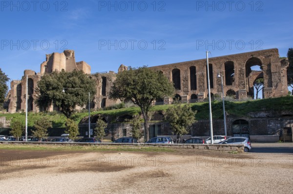 View from Arena racecourse Circus Maximus chariot race venue to ruins of Domitian Imperial Palace, Rome, Lazio, Italy