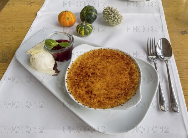 Calorie dessert Crema Catalana a scoop of ice cream with small ornamental pumpkins, international