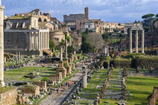 View from elevated position of Roman Forum in ancient center of Rome, Rome, Lazio, Italy