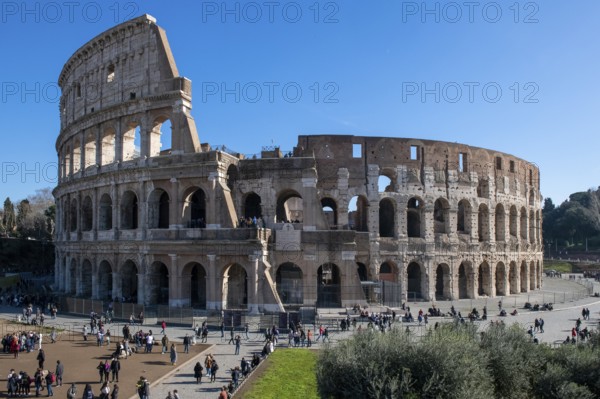 View from an elevated position of the historic arena Amphiteatrum Flavium Colosseum in the ancient center of Rome, Parco Archeologico del Colosseo, Archaeological Park at the Colosseum, Rome, Lazio, Italy